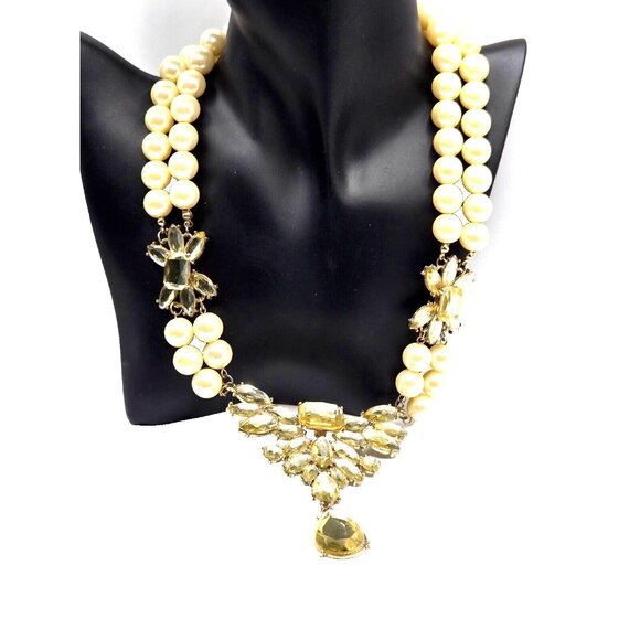 Vintage Large Bohemian Pearl and Citron Glass Teardrop Double Strand Necklace 50 - Picture 2 of 6